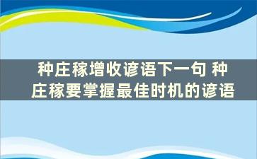 种庄稼增收谚语下一句 种庄稼要掌握最佳时机的谚语